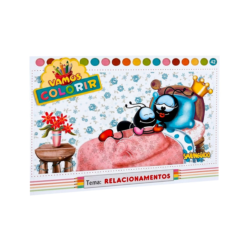 Livro de colorir Smilinguido, tema Relacionamentos, capa com formiga abraçando travesseiro. — Plenitude