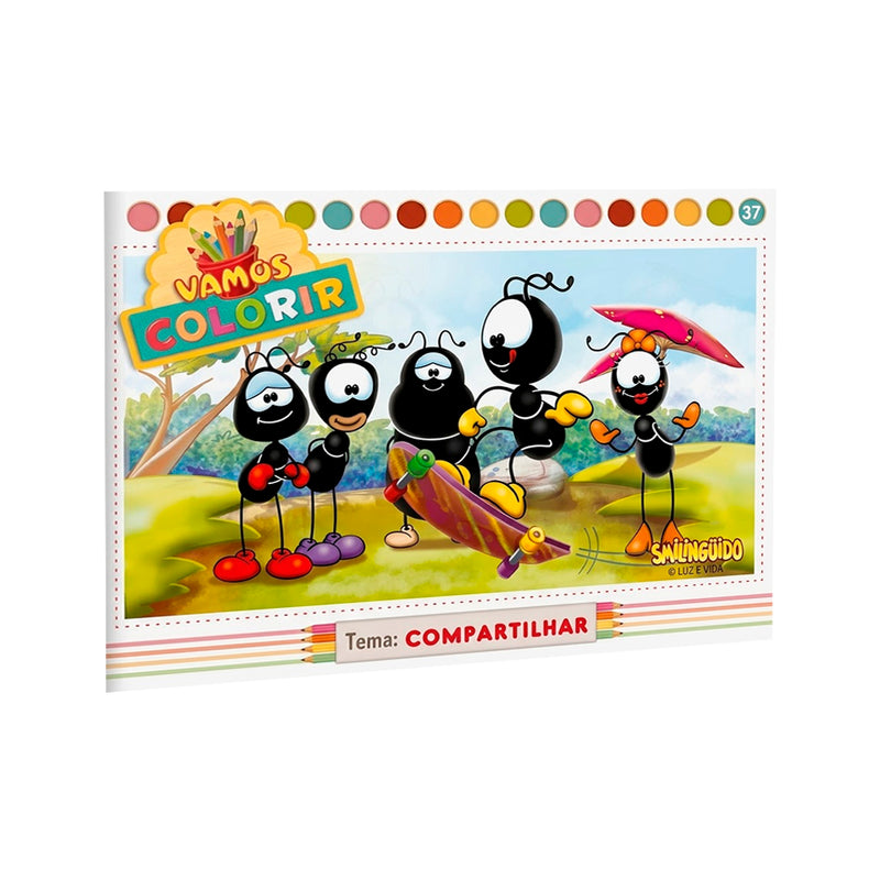 Livro de colorir Smilinguido, tema Compartilhar, capa com formigas interagindo com skate. — Plenitude