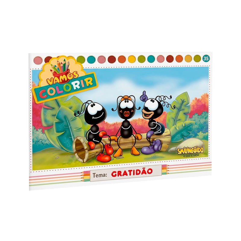 Livro de colorir Smilinguido, tema Gratidão, capa com três formigas sentadas em tronco. — Plenitude