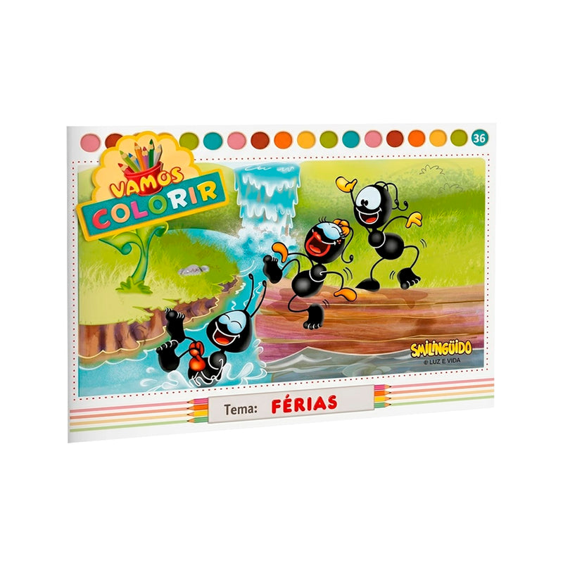 Livro de colorir Smilinguido, tema Férias, capa com formigas brincando na água. — Plenitude