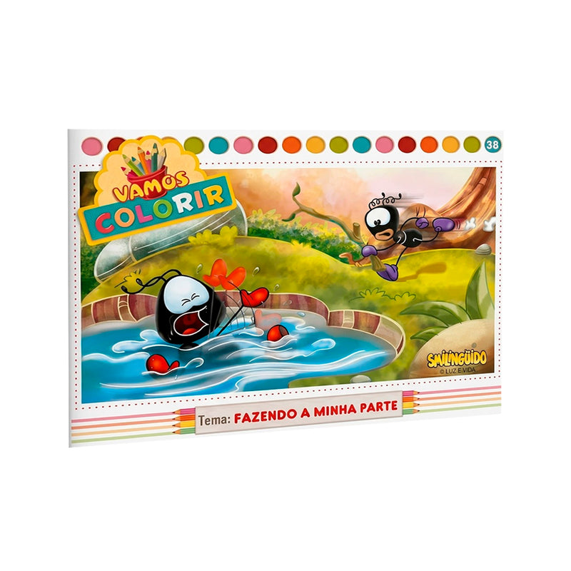 Livro de colorir Smilinguido, tema Fazendo a Minha Parte, capa com formiga em piscina de bolinhas. — Plenitude