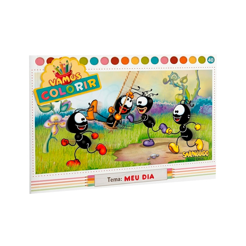 Livro Vamos Colorir, Smilinguido, Tema: Meu Dia, com formigas brincando em balanço. — Plenitude