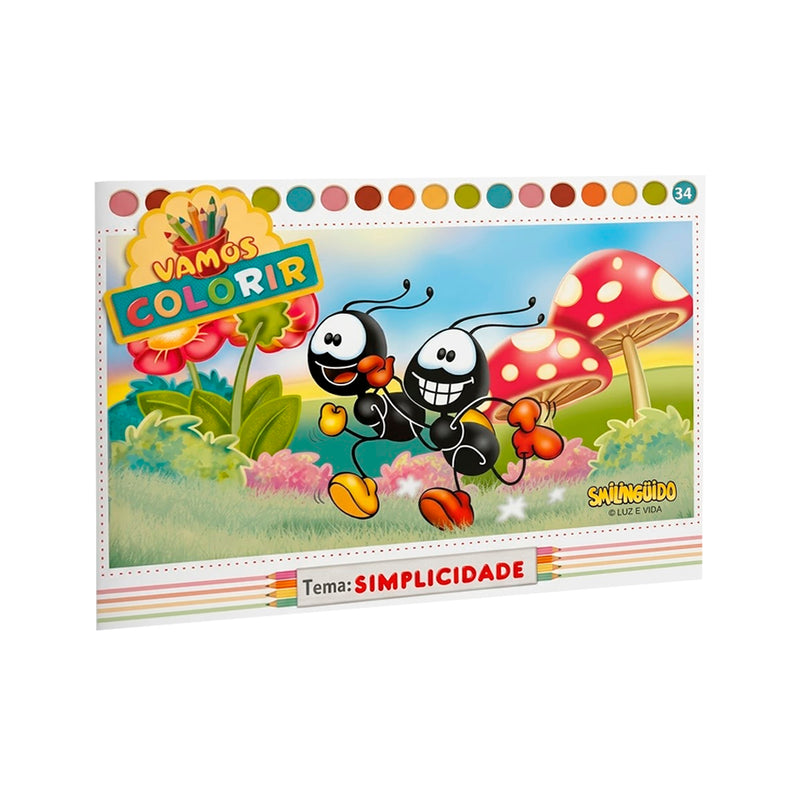 Livro Vamos Colorir, Smilinguido, Tema: Simplicidade, com duas formigas felizes em paisagem. — Plenitude