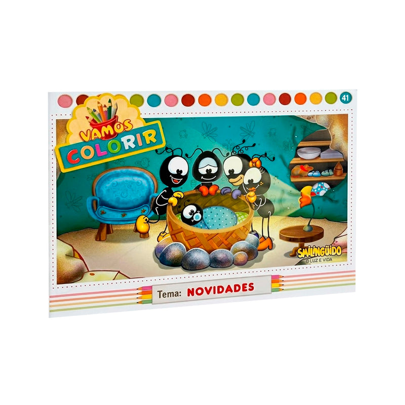 Livro Vamos Colorir, Smilinguido, Tema: Novidades, com formigas em volta de cesto de bebê. — Plenitude