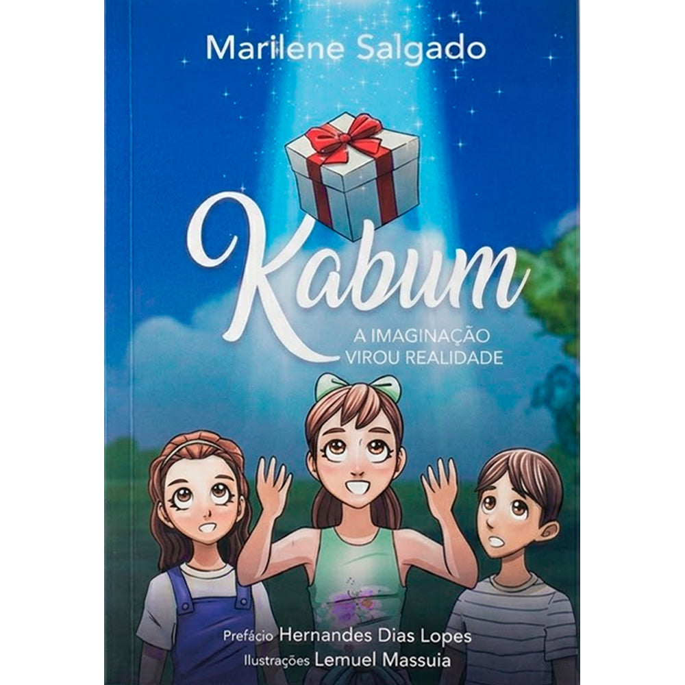 Capa do livro "Kabum" com três crianças e uma caixa de presente flutuando. — Plenitude