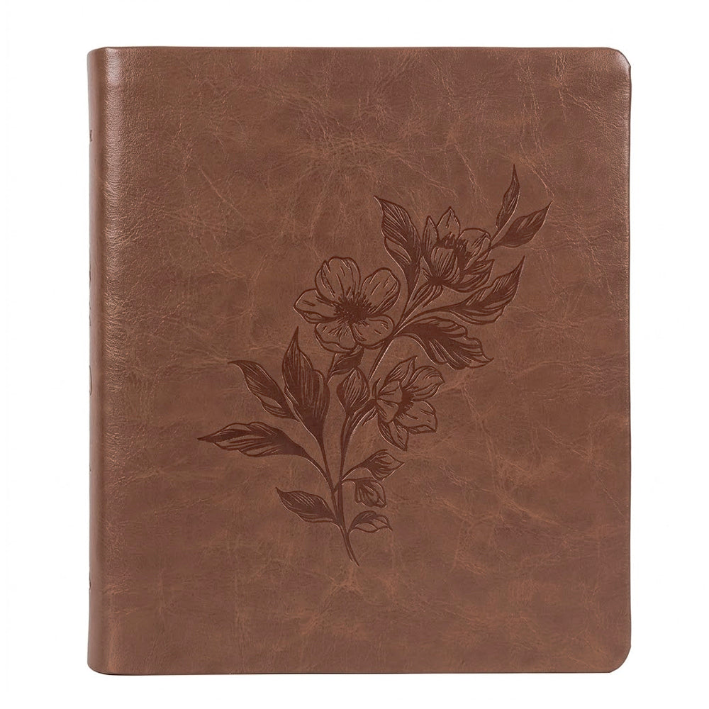 Bíblia Sagrada NVI, capa luxo marrom com estampa floral em relevo. — Plenitude