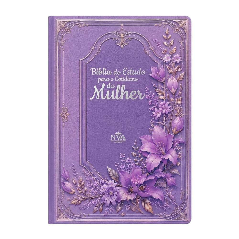 Bíblia de Estudo da Mulher NVA, capa dura lilás floral com detalhes em relevo e letras prateadas. — Plenitude