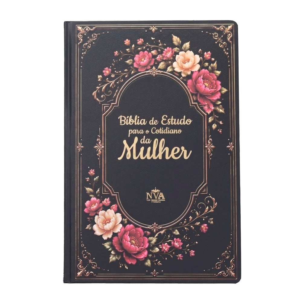 Bíblia de Estudo da Mulher NVA, capa dura preta com estampa floral de dálias coloridas e detalhes dourados. — Plenitude