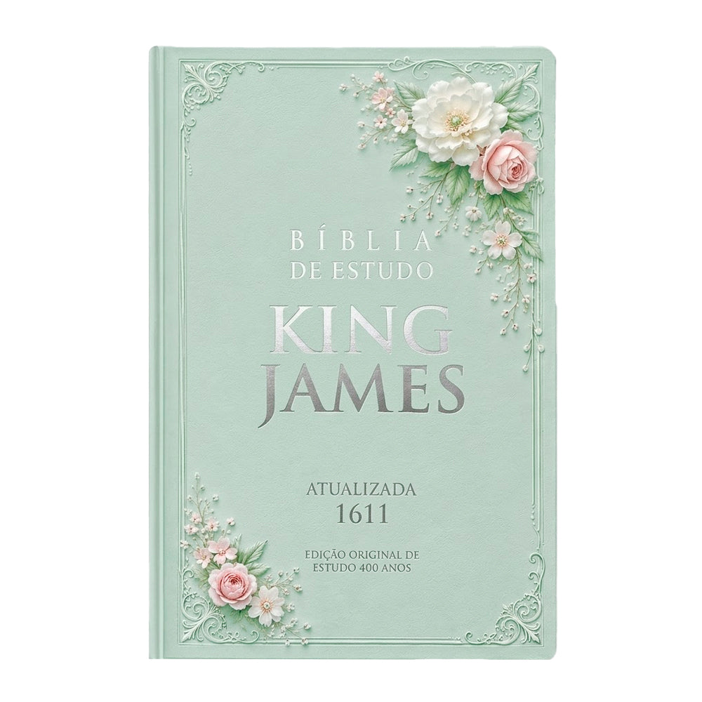 Bíblia de Estudo King James 1611, capa dura verde-água com detalhes florais em relevo e letras prateadas. — Plenitude