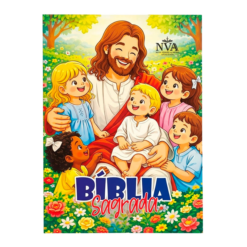 Bíblia Sagrada Jesus e Crianças, NVA, Full Color, Capa Brochura, com Jesus e crianças em jardim. — Plenitude
