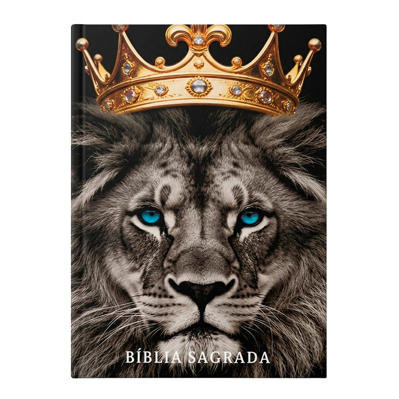 Bíblia Sagrada Leão Coroa Dourada, NVA, Full Color, Capa Brochura, com leão de olhos azuis e coroa dourada. — Plenitude