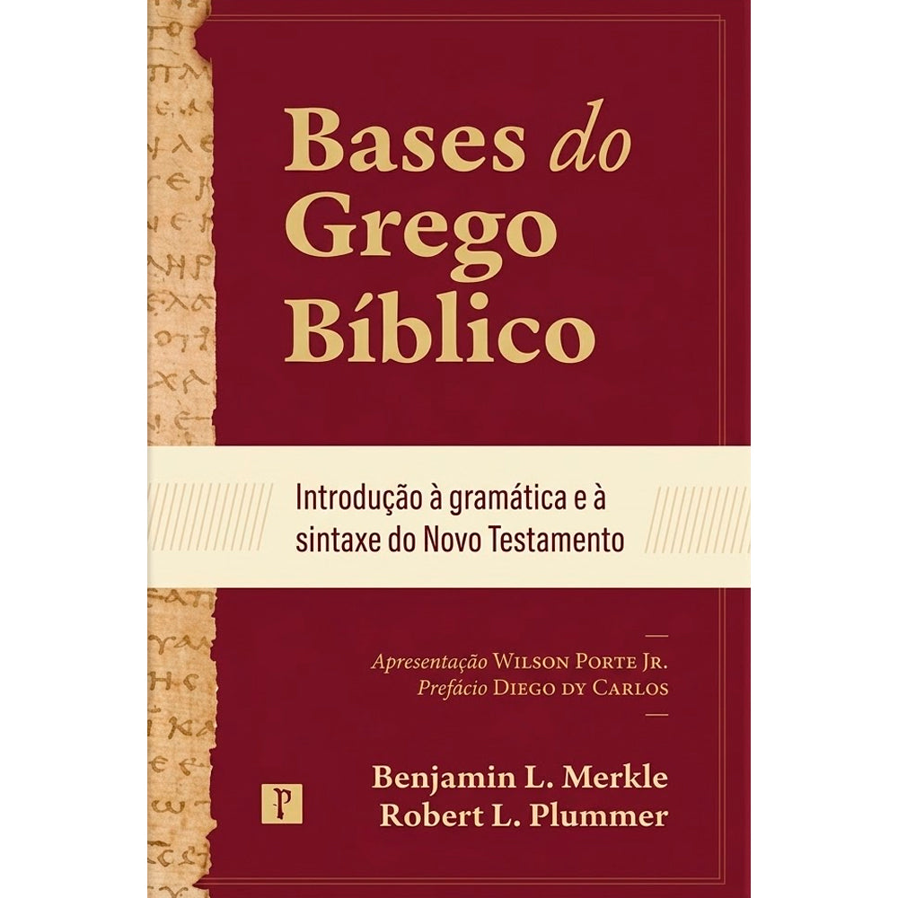 Capa dura vermelha do livro "Bases do Grego Bíblico", com título dourado e detalhes de papiro. — Plenitude