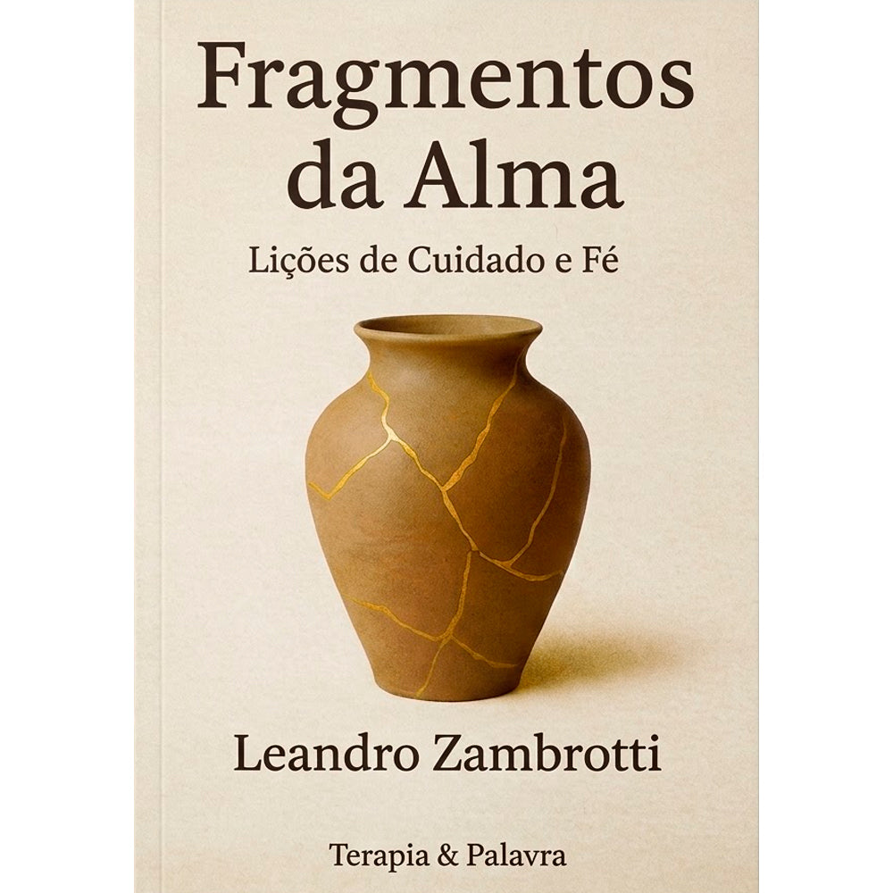 Livro Fragmentos da Alma, capa bege com vaso de cerâmica rachado e dourado. — Plenitude