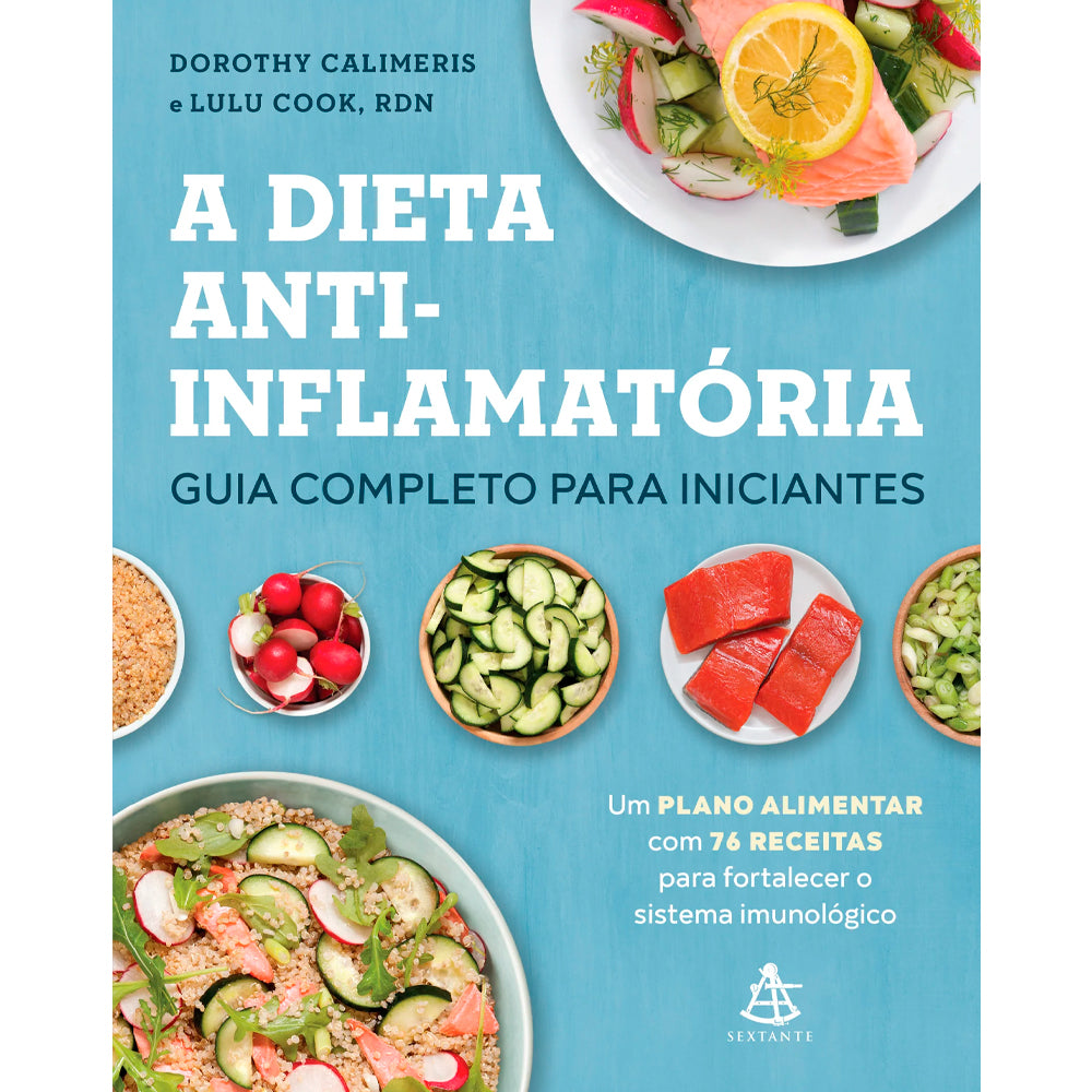 Livro "A Dieta Anti-Inflamatória", capa azul clara com imagens de alimentos saudáveis e salmão. — Plenitude