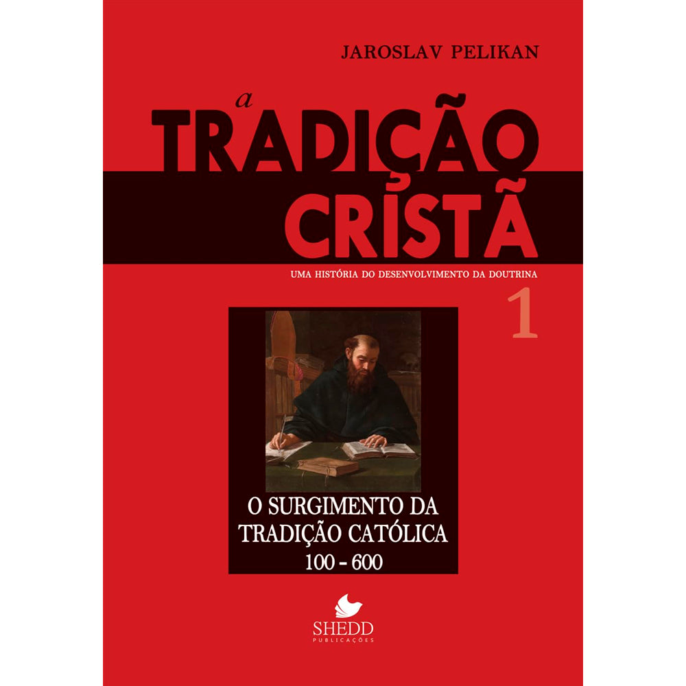 Livro A Tradição Cristã, de Jaroslav Pelikan, capa vermelha com imagem de monge escrevendo. — Plenitude
