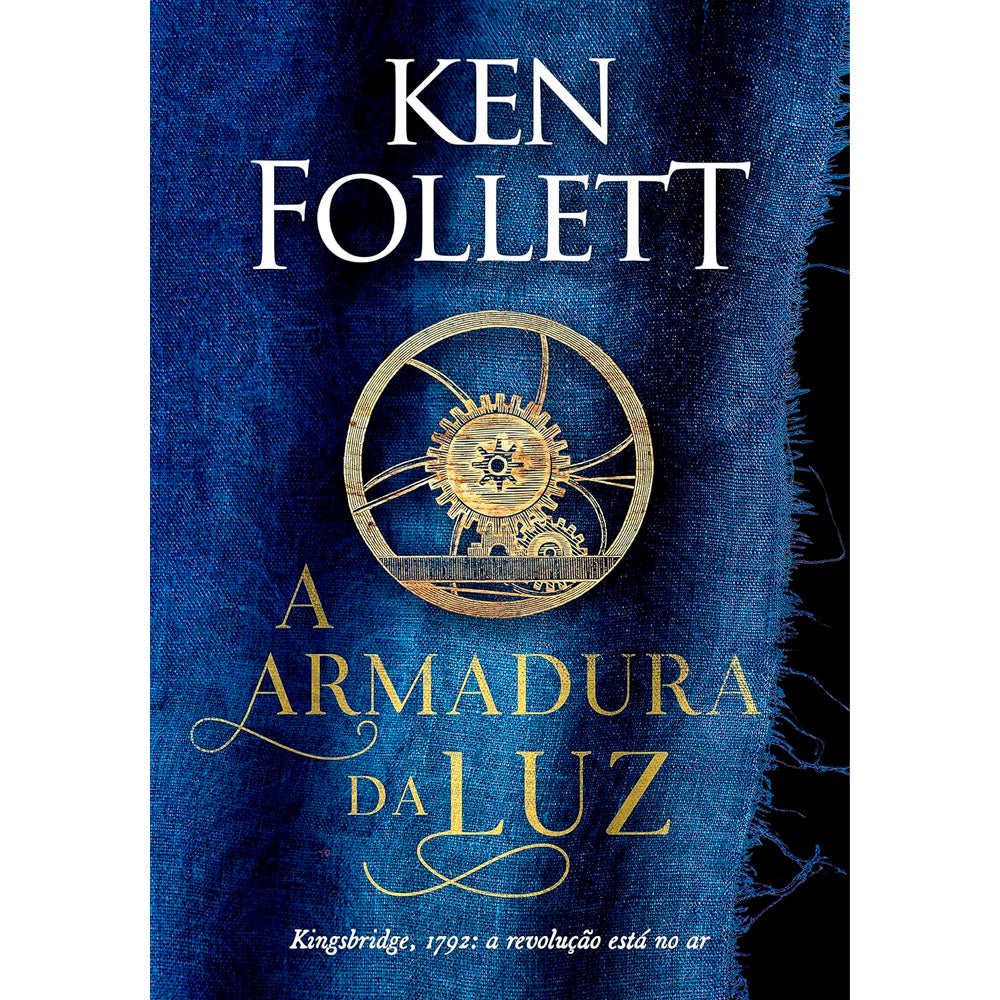 Livro de capa comum, A Armadura da Luz de Ken Follett, com capa azul e engrenagem dourada no centro. — Plenitude