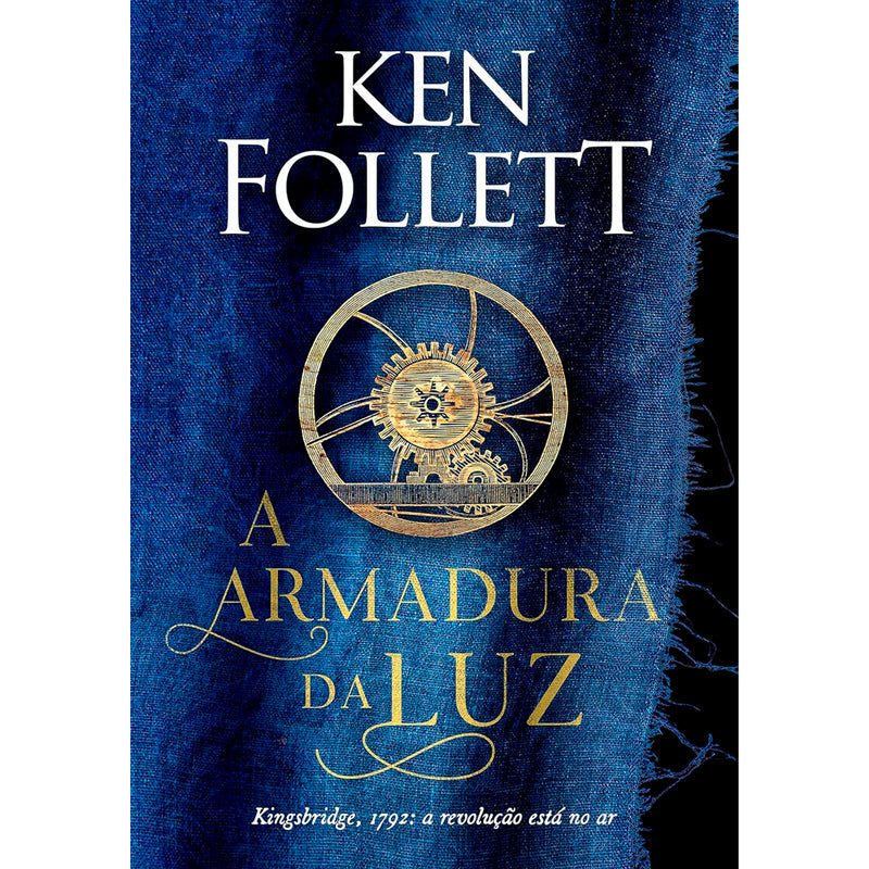 Livro de capa comum, A Armadura da Luz de Ken Follett, com capa azul e engrenagem dourada no centro. — Plenitude