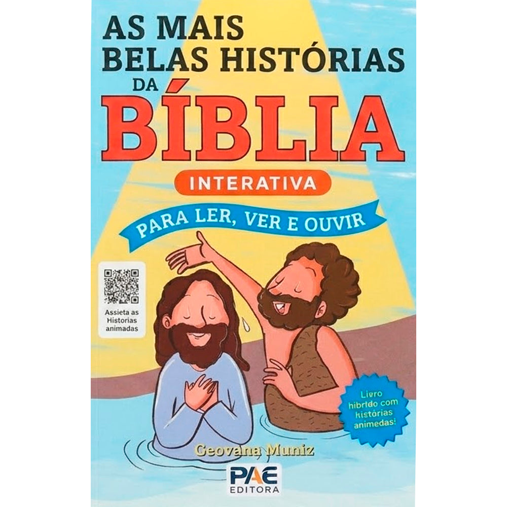 Livro As Mais Belas Histórias da Bíblia Interativa, de Geovana Muniz, capa azul e amarela com ilustrações bíblicas. — Plenitude