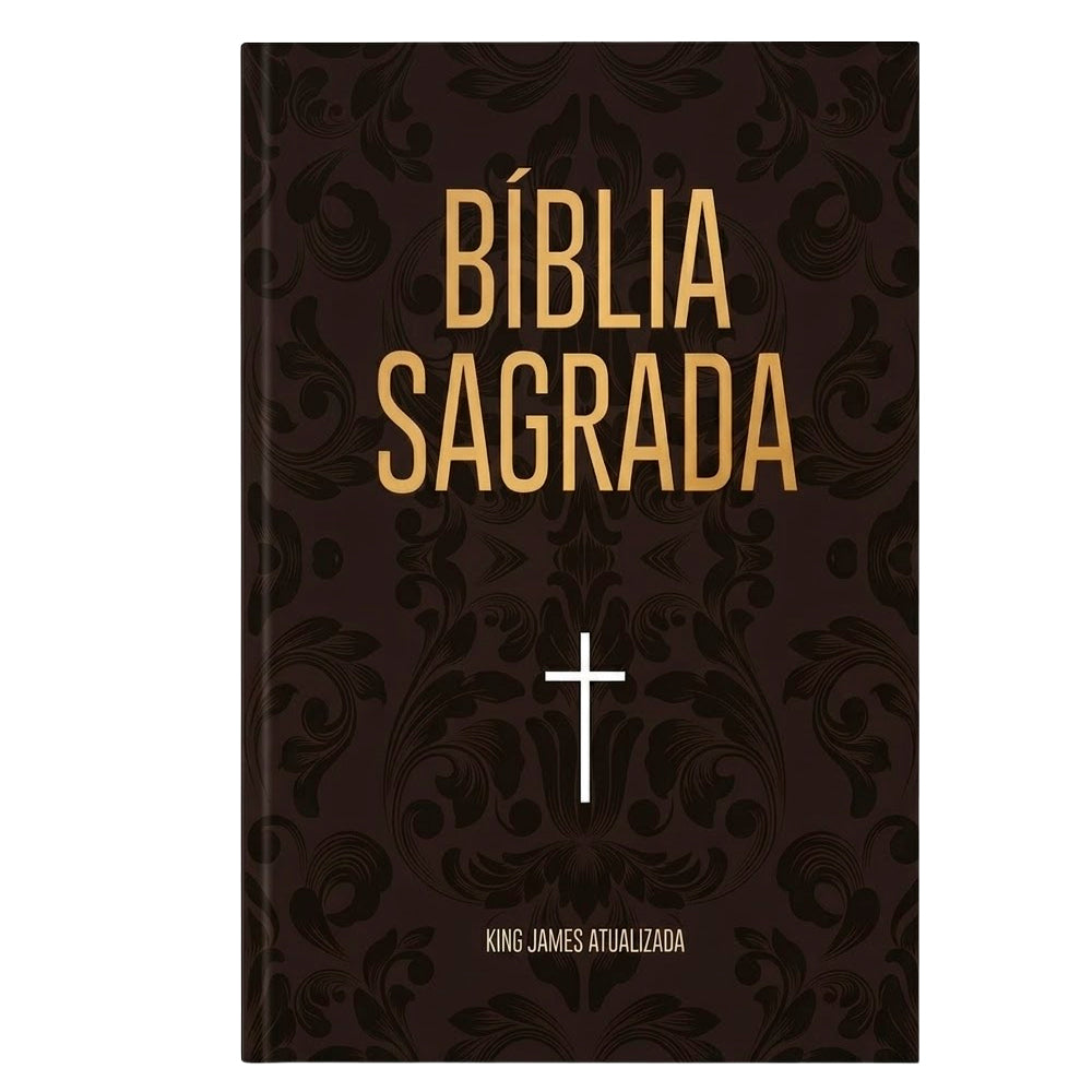Bíblia Sagrada King James Atualizada, capa dura marrom com arabescos, cruz branca e letras douradas. — Plenitude