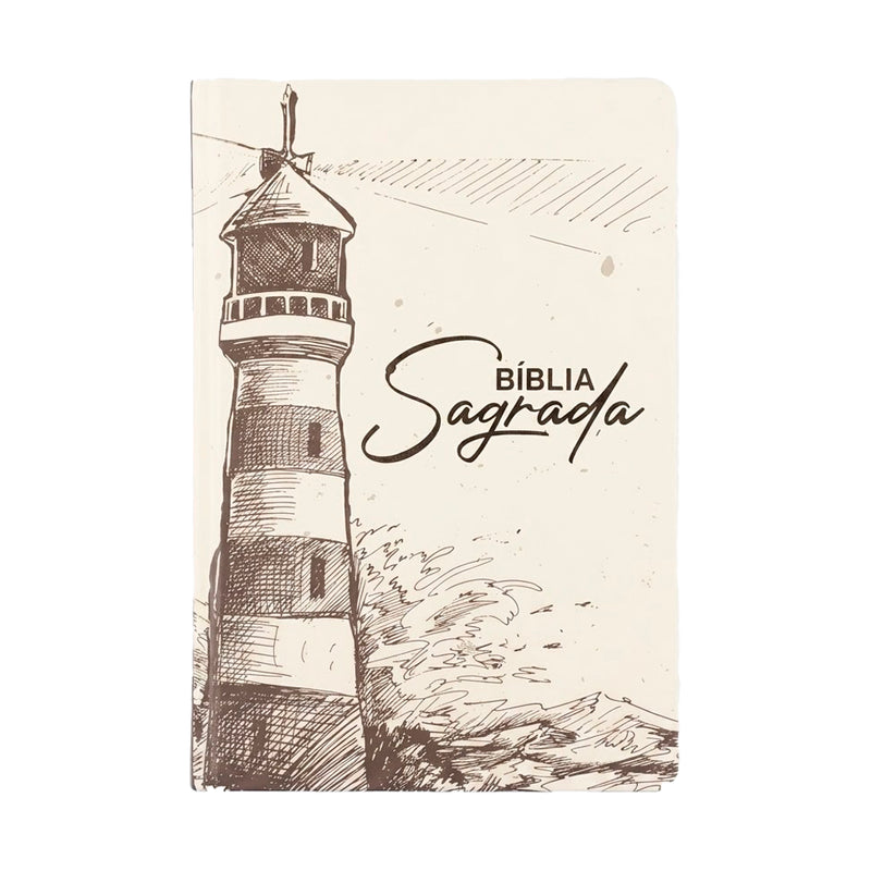 Bíblia Sagrada KJA, capa dura bege com ilustração de farol em tons de marrom e texto "Bíblia Sagrada" em destaque. — Plenitude