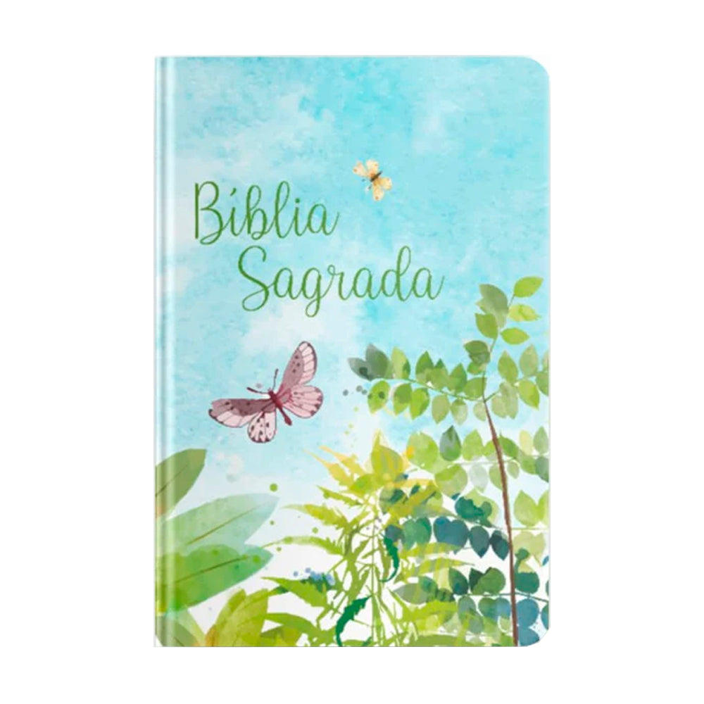Bíblia Sagrada NVI, capa dura ilustrada com borboletas e folhagens em tons de azul e verde. — Plenitude
