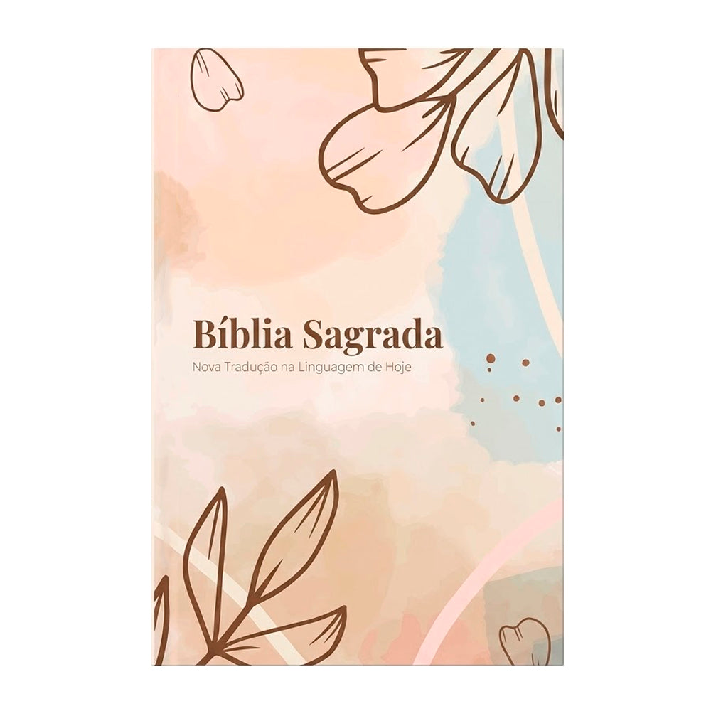 Bíblia Sagrada NTLH, capa brochura com fundo aquarelado em tons pastel e desenhos de flores em contorno marrom. — Plenitude