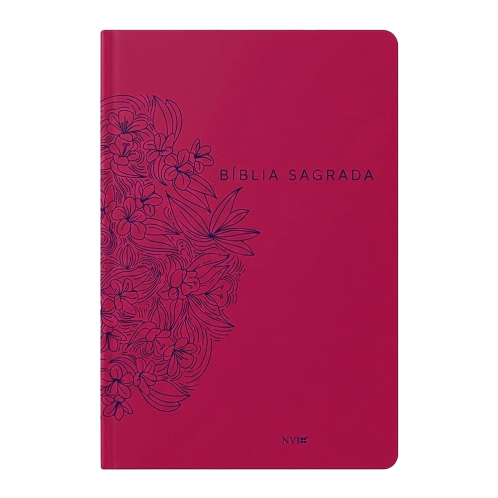 Bíblia Sagrada NVI Slim, capa luxo pink com estampa floral em azul, letra maior. — Plenitude