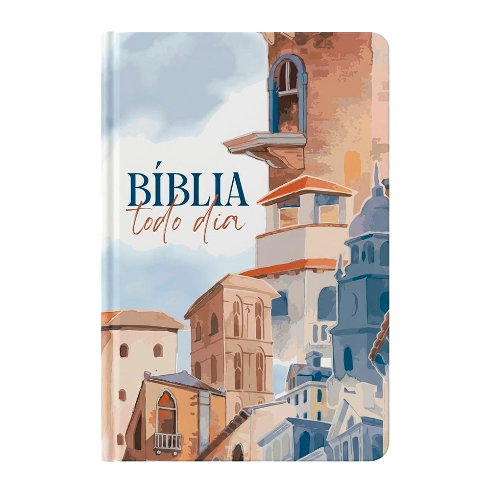 Bíblia A Mensagem, capa dura Cidade com ilustração de casario em tons terrosos e azuis, com "Bíblia todo dia" em destaque — Plenitude