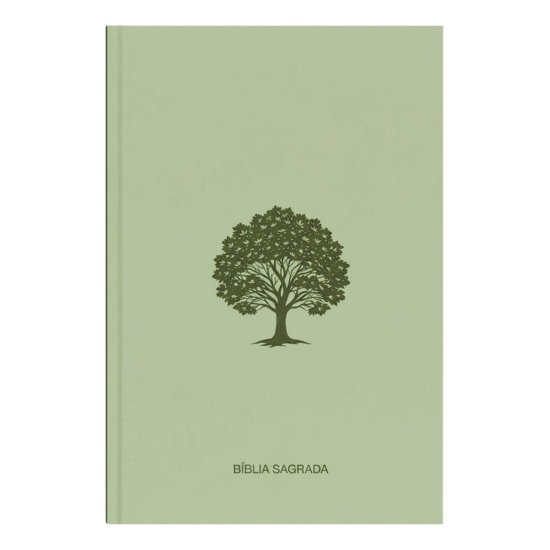 Bíblia Sagrada NVI, capa brochura verde-clara com estampa de árvore escura e texto "Bíblia Sagrada". — Plenitude