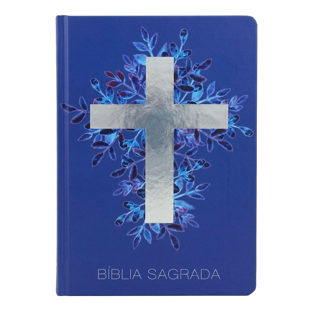 Bíblia Sagrada NAA, capa dura azul com cruz prateada e folhas azuis, letra normal. — Plenitude