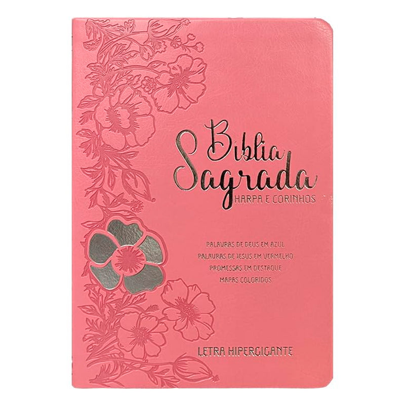 Bíblia Sagrada | Letra Hipergigante | ARC | Harpa Avivada e Corinhos | C/ Índice |  Capa PU Luxo Floral Rosa