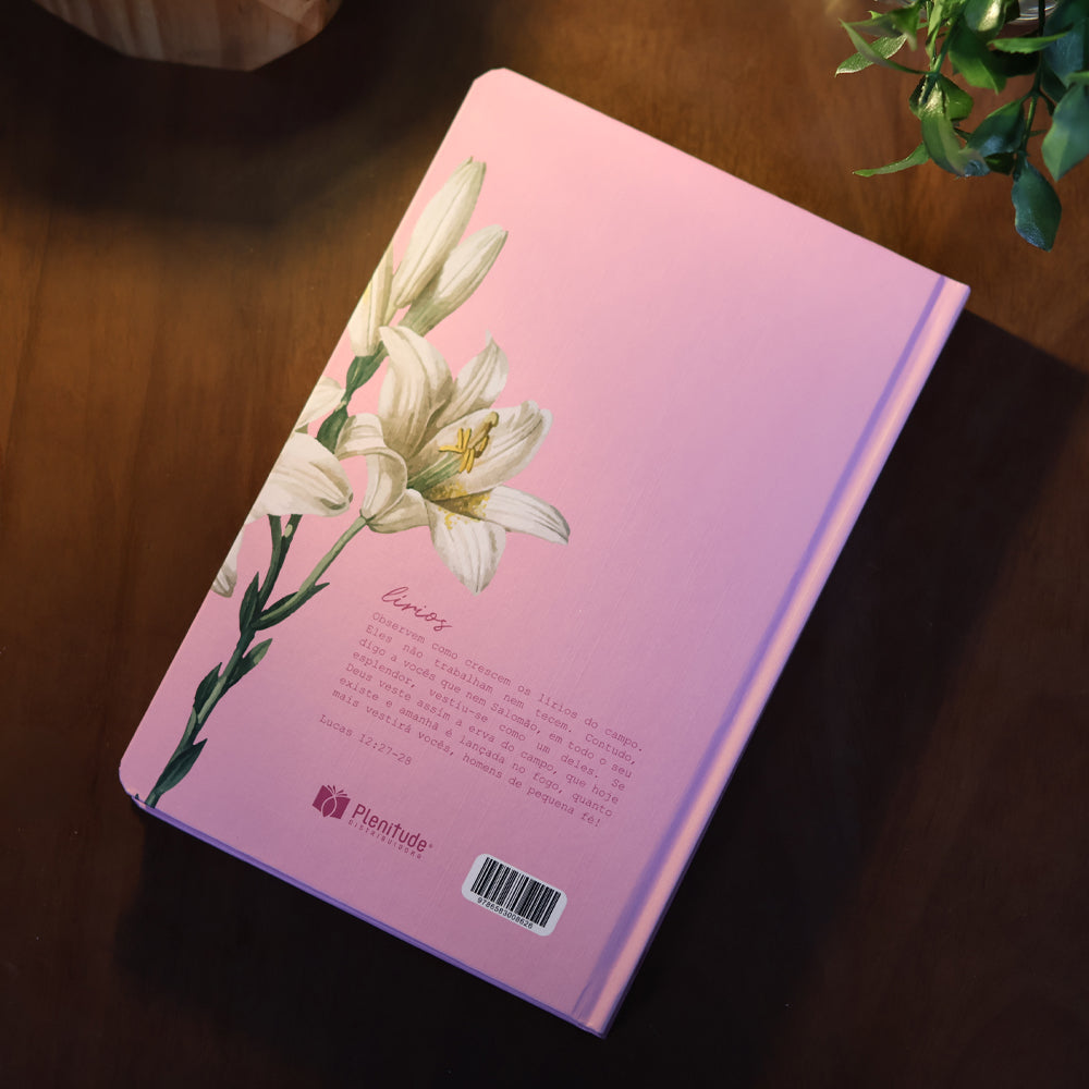 Kit Livro Bloco de Anotações  | Capa Brochura e Bíblia Sagrada Lírios | NVI | Letra Maior | Capa Dura Rosa