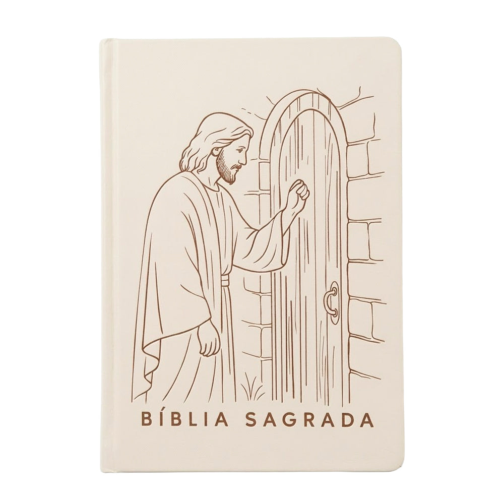 Bíblia Sagrada KJA, capa dura bege com ilustração de Jesus batendo à porta. — Plenitude