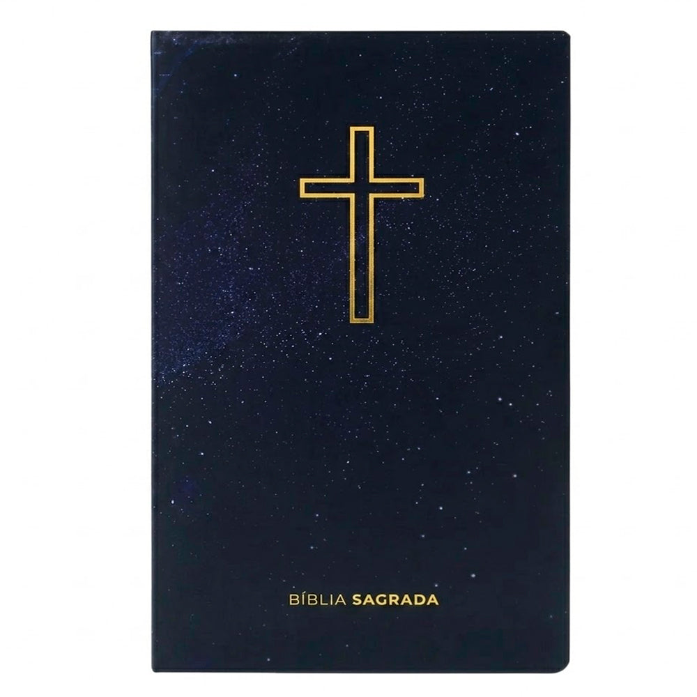 Bíblia Sagrada NVI, capa brochura azul-marinho com estampa de céu estrelado, cruz dourada e "Bíblia Sagrada" em dourado — Plenitude