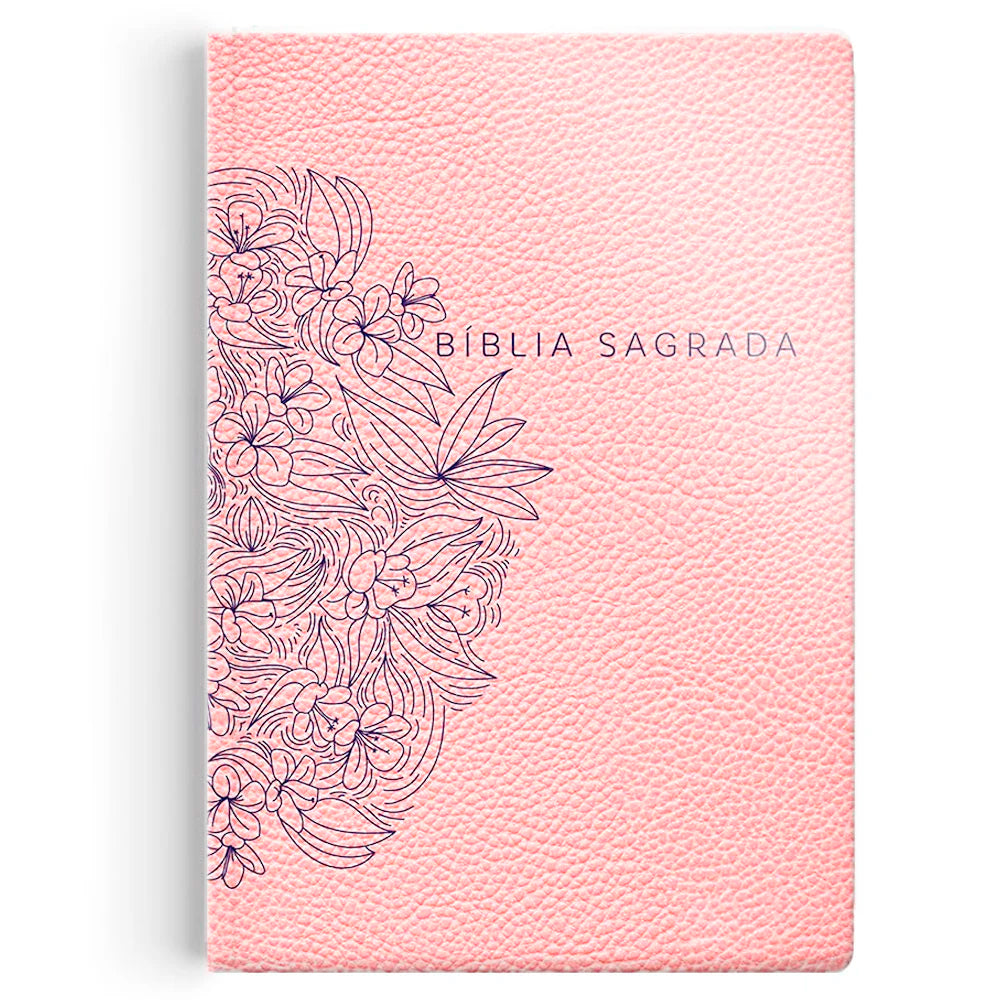 Bíblia Sagrada NVI, capa luxo nude com estampa floral em azul, letra maior. — Plenitude