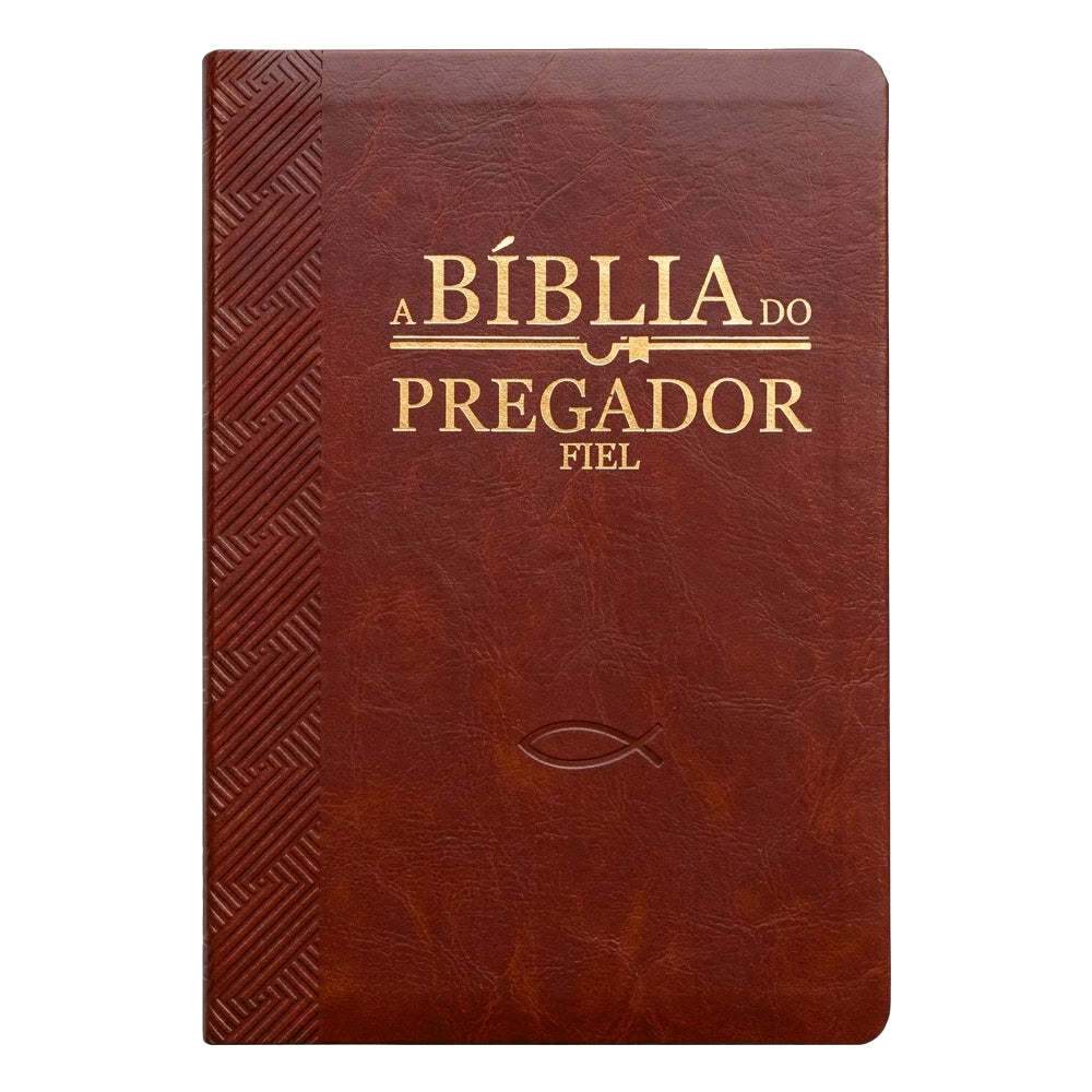 Bíblia do Pregador Fiel, capa luxo vinho, com detalhes em dourado e símbolo de peixe. — Plenitude