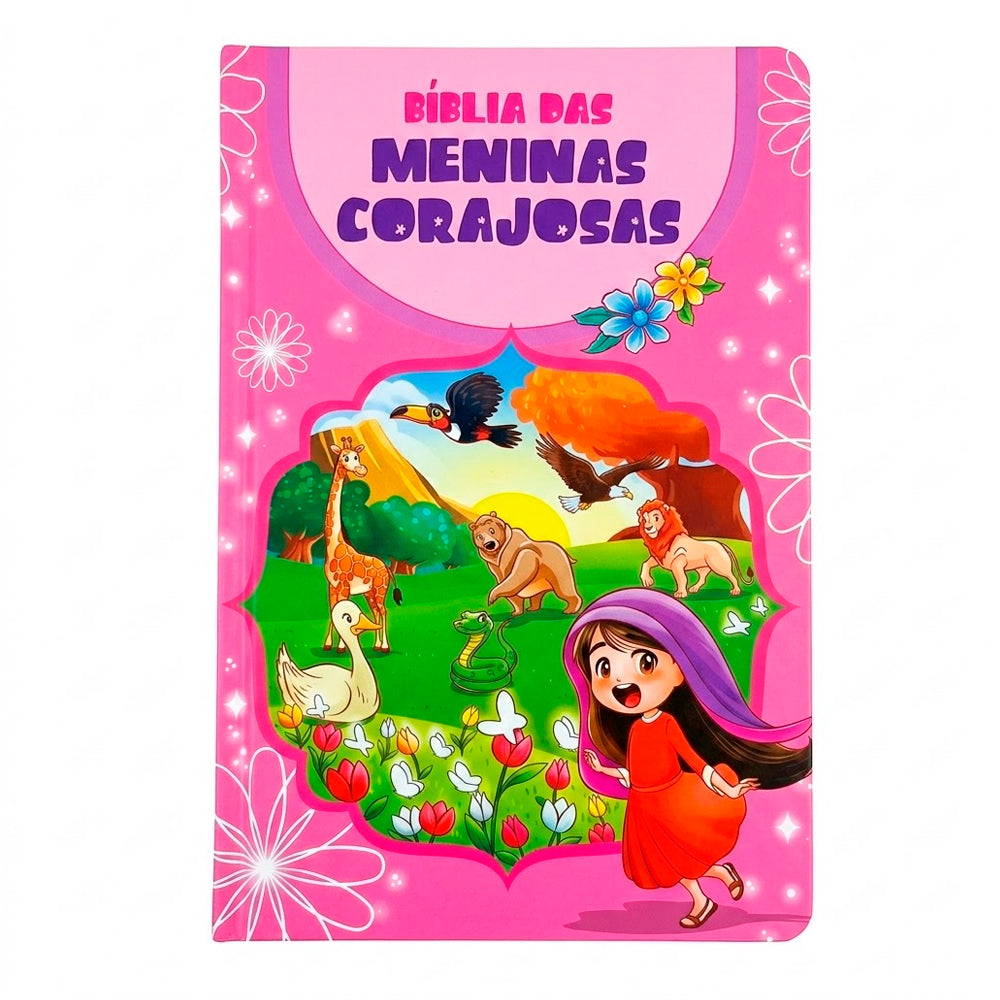 Bíblia das Meninas Corajosas NVA, capa rosa com ilustração colorida de menina e animais. — Plenitude