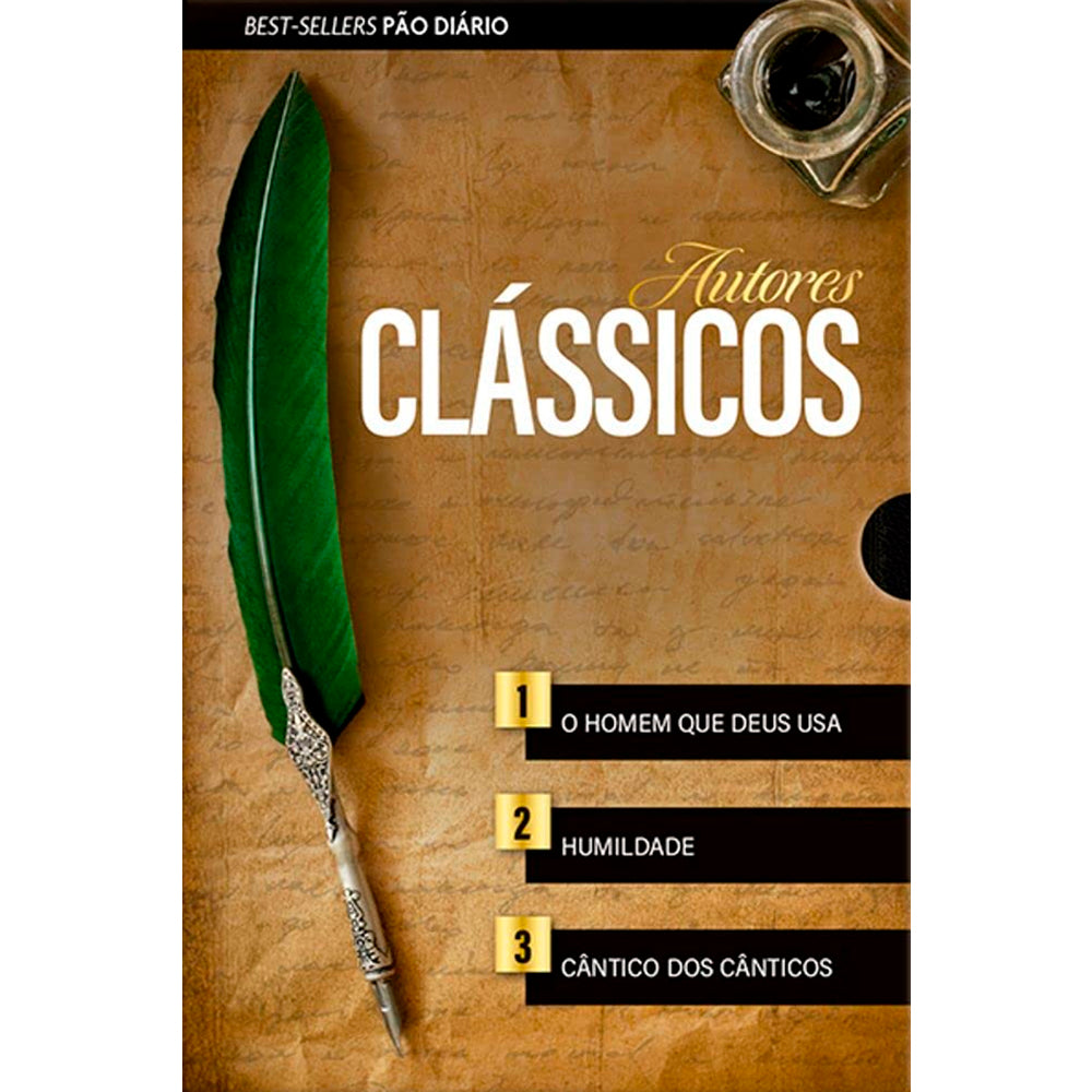 Box de livros "Autores Clássicos" com pena verde e títulos "O Homem que Deus Usa", "Humildade", "Cântico dos Cânticos". — Plenitude