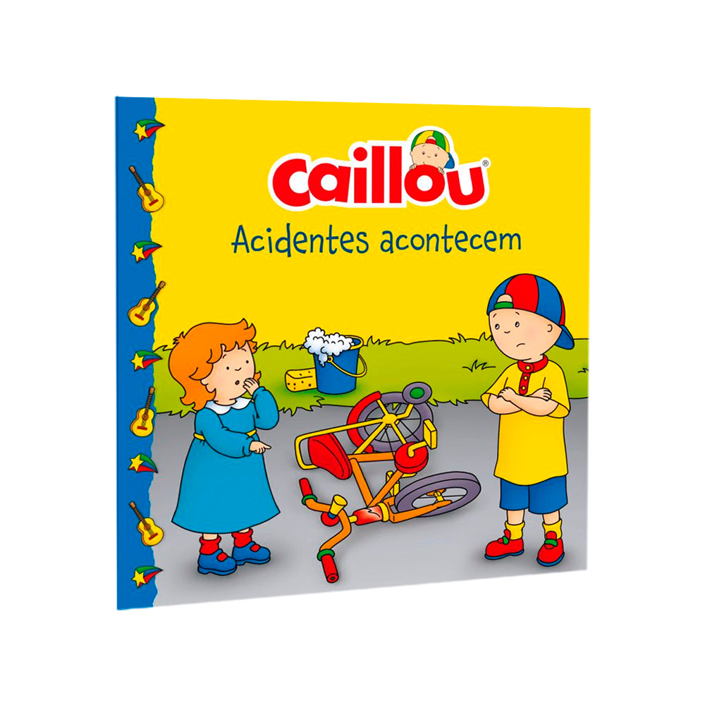 Livro infantil Caillou Acidentes Acontecem, capa amarela com Caillou e Rosie. — Plenitude
