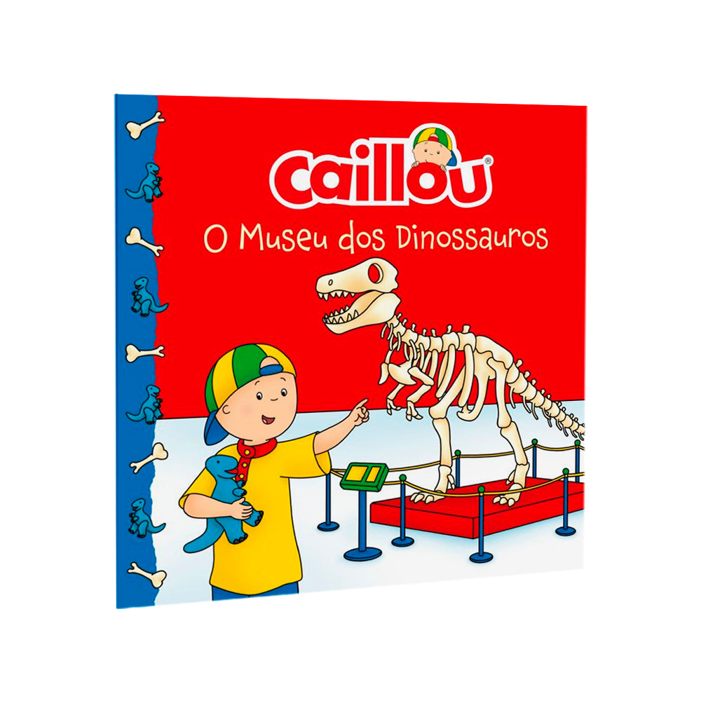 Livro infantil Caillou O Museu dos Dinossauros, capa vermelha com Caillou e esqueleto. — Plenitude