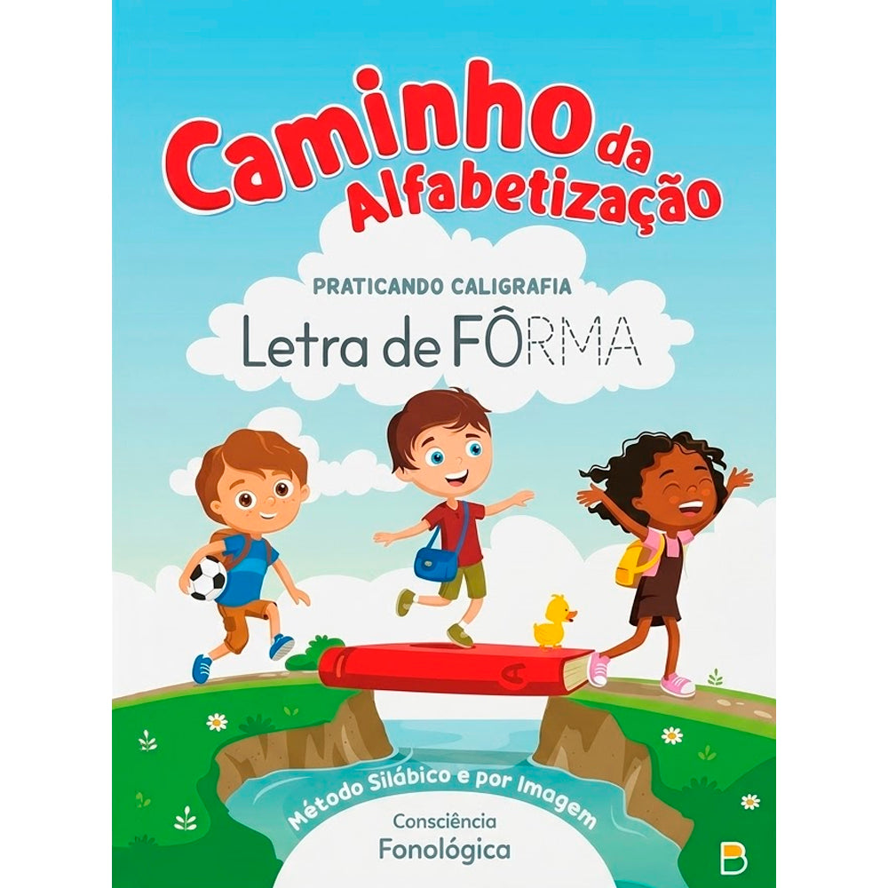 Livro Caminho da Alfabetização: Letra de Fôrma, capa azul com crianças e prática de caligrafia. — Plenitude