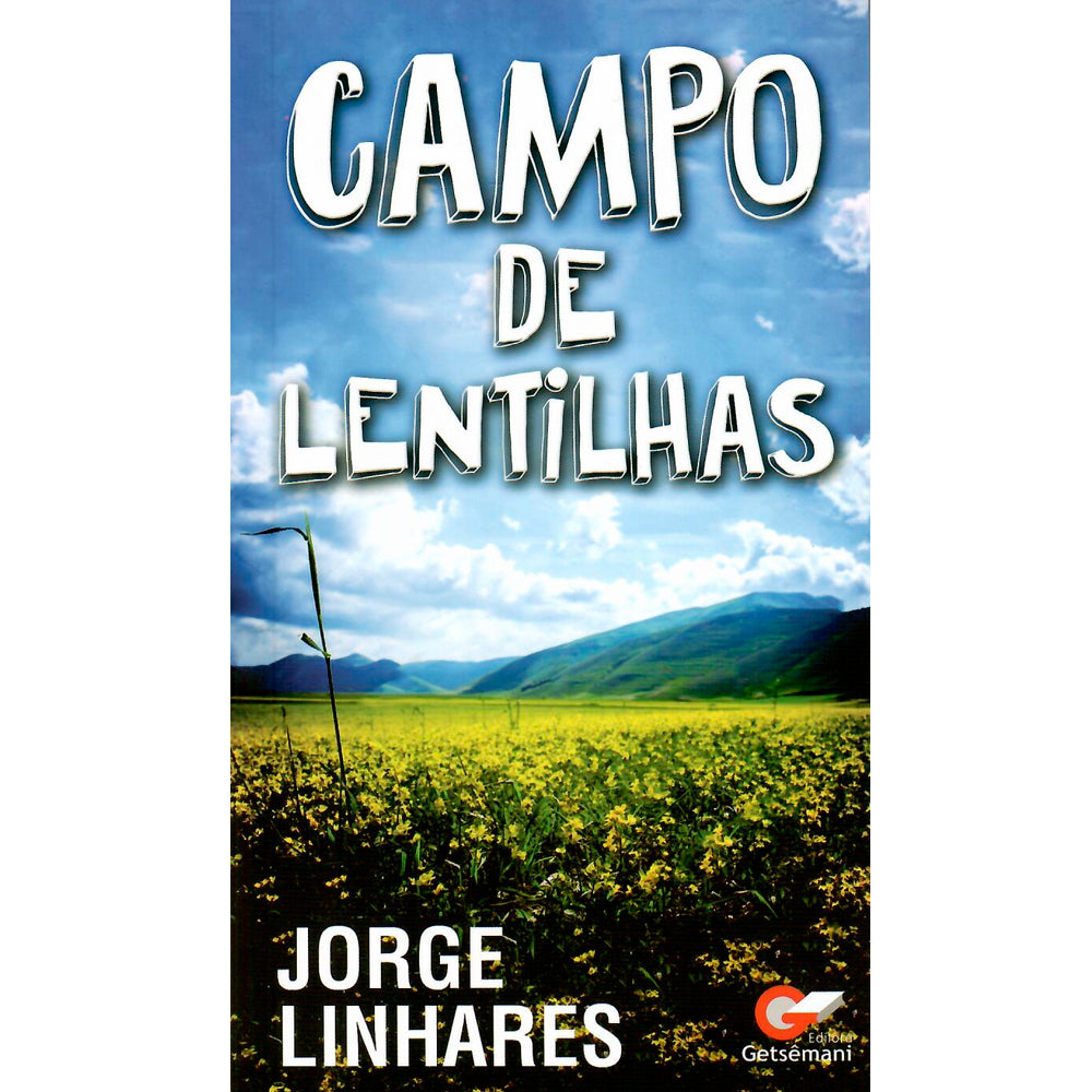 Livro "Campo de Lentilhas" de Jorge Linhares, capa azul com campo verde de lentilhas e montanhas. — Plenitude