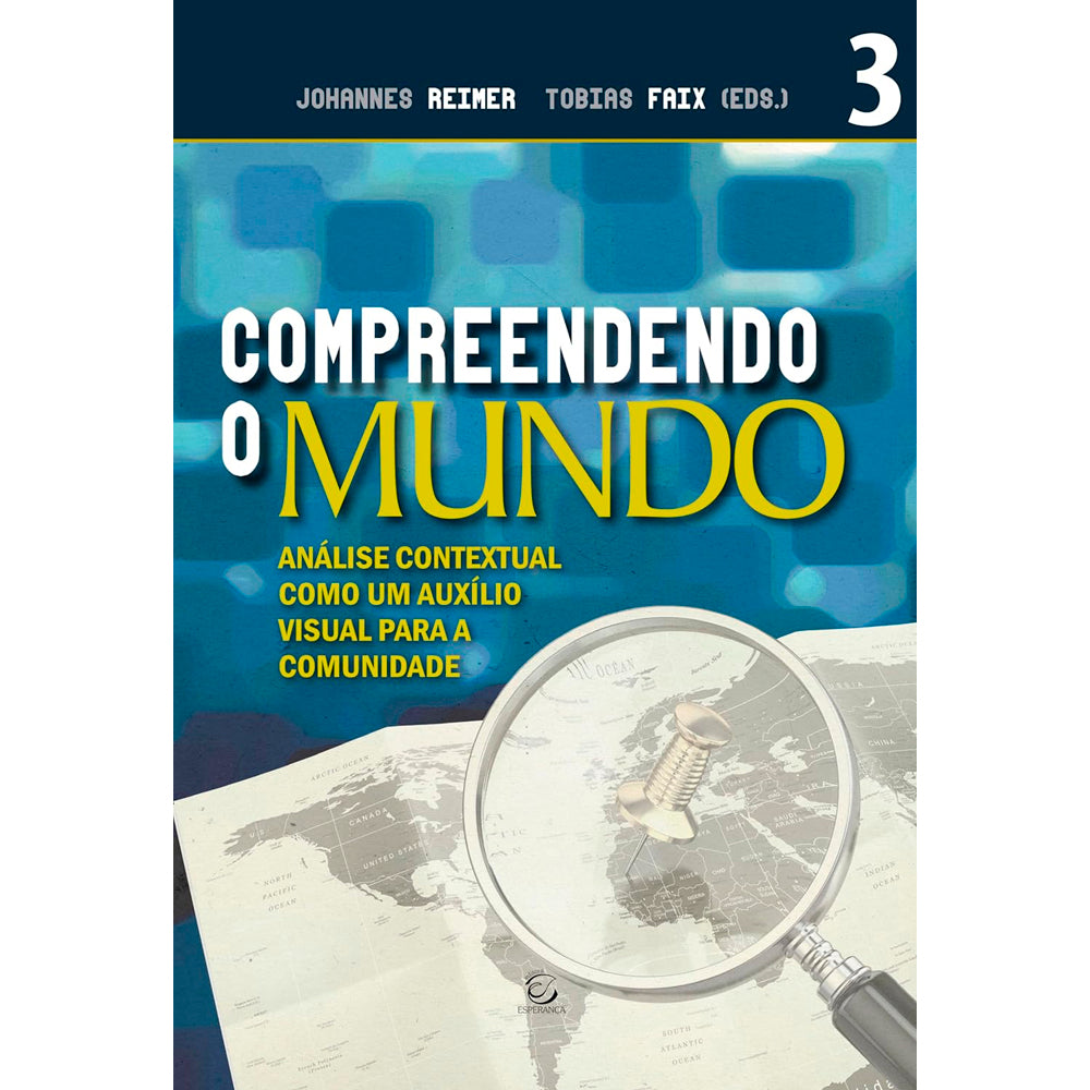 Livro Compreendendo o Mundo, capa azul e amarela com lupa sobre mapa. — Plenitude