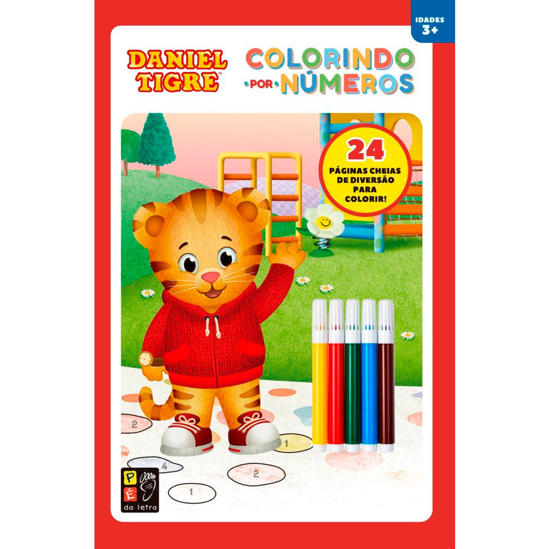 Livro Daniel Tigre Colorindo Por Números, capa vermelha com Daniel Tigre e canetinhas. — Plenitude