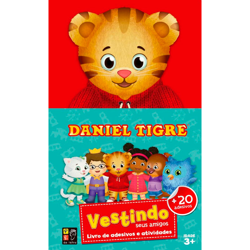 Livro Daniel Tigre Vestindo Seus Amigos, capa vermelha e azul com Daniel Tigre e adesivos. — Plenitude