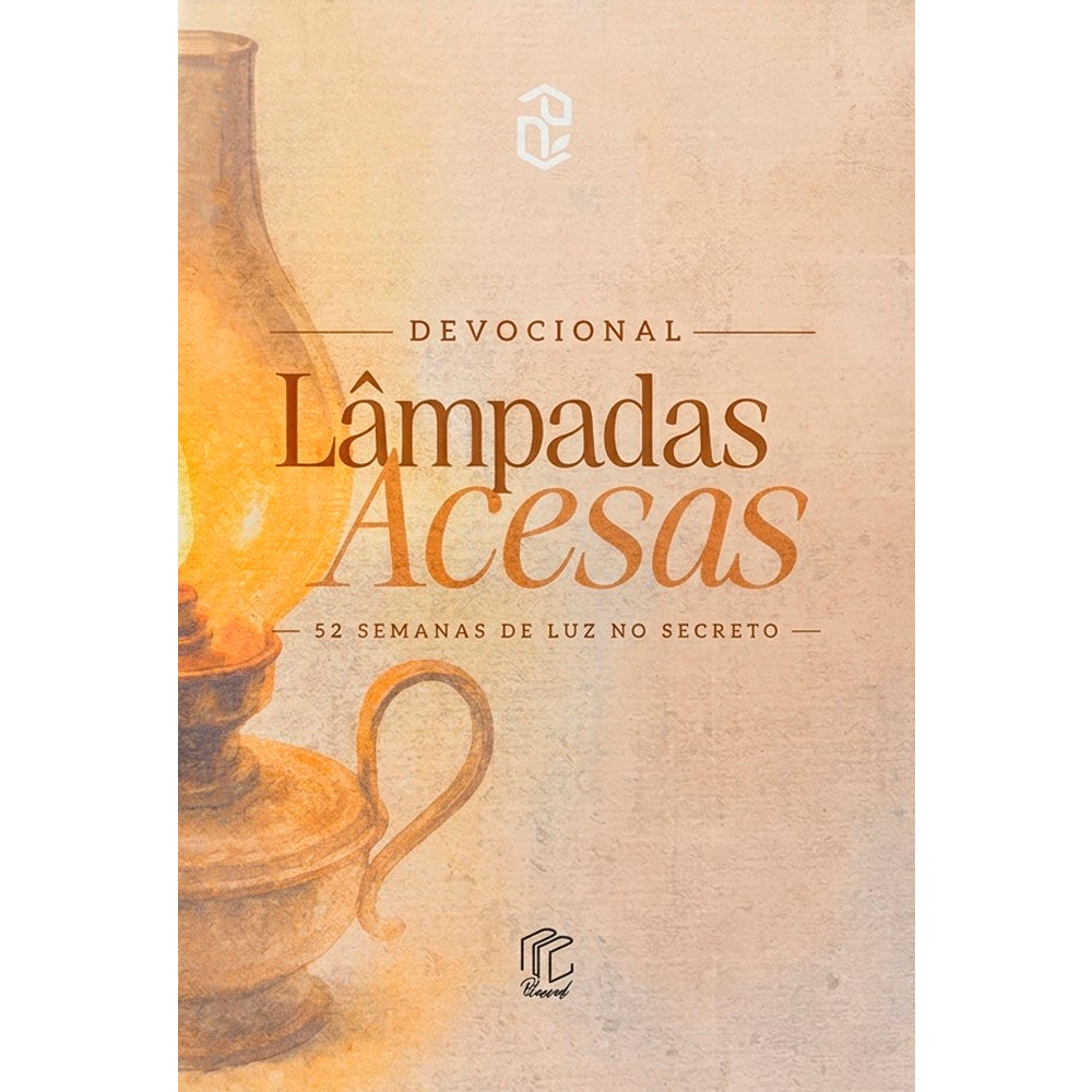 Livro Devocional Lâmpadas Acesas, capa bege com lamparina antiga. — Plenitude