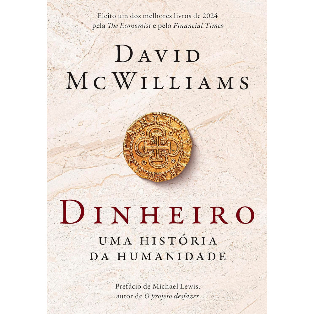 Livro Dinheiro | Uma História da Humanidade, capa dura bege com título vermelho e moeda dourada no centro. — Plenitude