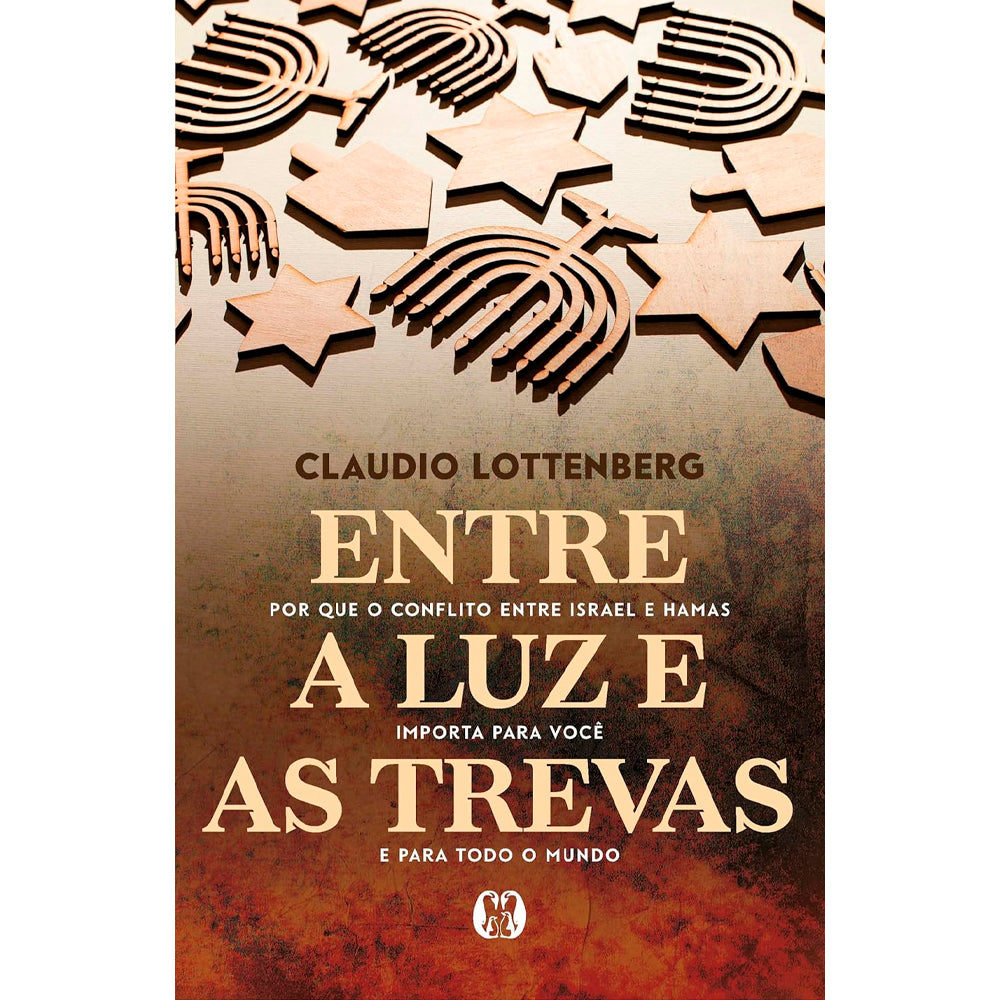 Livro Entre a Luz e as Trevas, capa marrom com estrelas de Davi e menorás. — Plenitude