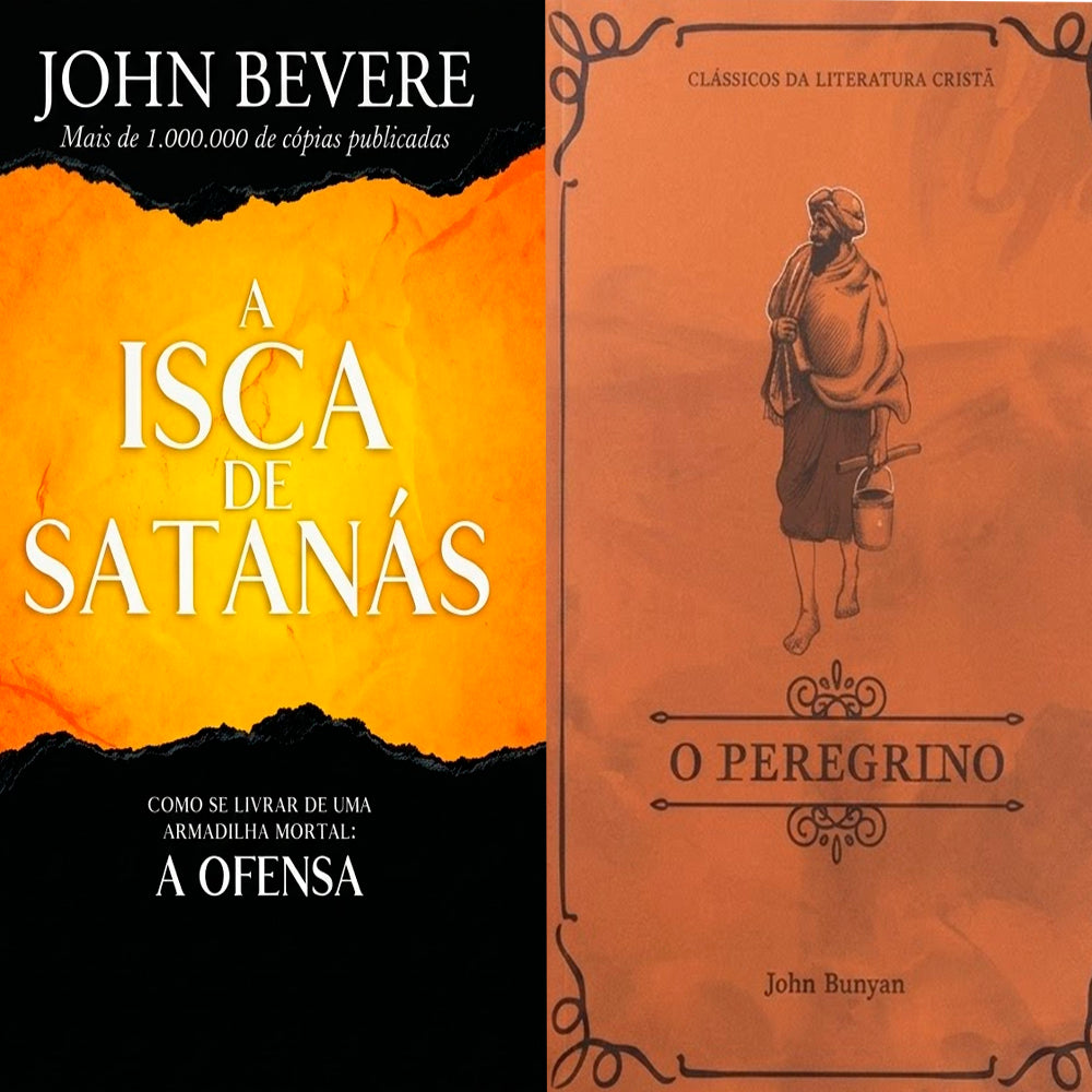Kit A Isca de Satanás + O Peregrino: Livro A Isca de Satanás laranja e O Peregrino marrom com ilustração. — Plenitude