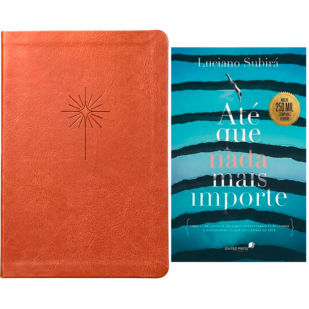 Kit Até que Nada Mais Importe de Luciano Subirá e Bíblia Slim Filament, capas azul e laranja. — Plenitude